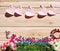 Wooden background with pink hearts,colored stone,bells,arrow,white roses,pink roses,Green leaf.The concept of Valentine Day