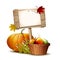 Wooden banner with Orange pumpkin, Autumnal leaves and basket full ripe apples