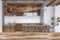 Wooden bar interior, stools and bottles blur