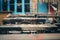 Wooden bar racks of an abandoned cafe on the street