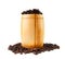 Wooden barrel with crumbled coffee beans, Coffee beans pouring out from barrel on white background for decorative banner and websi