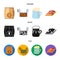 A wooden barrel with a faucet, a pub sign, a mug of beer, pieces of meat on a board.Pub set collection icons in cartoon