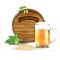 Wooden barrel, glass of beer, hops and barley