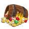 Wooden barrel with gold coins and precious stones isolated on white background. Vector cartoon close-up illustration.