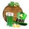 Wooden barrel, hops, green hat, green beer and golden coins