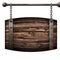 Wooden barrel medieval signboard hanging on chains isolated 3d illustration