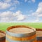 Wooden barrel over green grass meadow and blue sky background for product montage