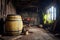 wooden barrel with peeling paint in abandoned barn