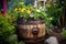 wooden barrel repurposed as a flower planter