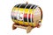 Wooden barrel with Ugandan flag, 3D rendering