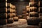 Wooden barrels in the cellar, barrels of wine. AI generative