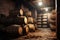 Wooden barrels in the cellar, barrels of wine, warehouse. AI generative