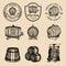 Wooden barrels collection for alcohol drinks icons or signs. Hand sketched kegs emblems. Whiskey,beer,wine logotype set.