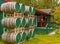 Wooden barrels outdoor on a winery yard. Wine Barrel outside