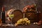 Wooden barrels with ripe grapes, glasses and bottles of wine on table