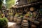 wooden barrels stacked in rustic outdoor brewery