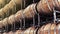 Wooden barrels on stacks 3d illustration background