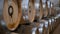 Wooden barrels with wine, aging process