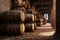 Wooden barrels, wine barrels. AI generative