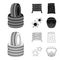 Wooden barricade, protective mask and other accessories. Paintball single icon in black,outline style vector symbol