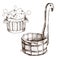 Wooden basin, barrel with soap foam, wooden bucket for Russian bath for body hygiene. Set of accessories for bath, sauna