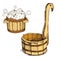 Wooden basin, barrel with soap foam, wooden bucket for Russian bath for body hygiene. Set of accessories for bath, sauna