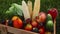 Wooden basket box or crate with different vegetables, fruits after harvesting