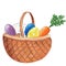 Wooden basket with Easter colorful eggs with ornament, cake and carrot isolated on white