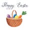 Wooden basket with Easter colorful eggs with ornament, cake and carrot isolated on white