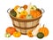 Wooden basket with pumpkins.