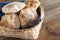 Wooden basket with several pieces of pita bread. Copy space