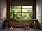 Wooden bath tub and greenery. Interior design of modern bathroom with grid window