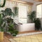 Wooden bathroom in white and yellow tones with freestanding bathtub. Windows with venetian blinds. Biophilic concept, many