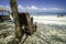 Wooden beach chair under a tree facing clear blue sea water and white sandy beach. cloudy blue sky