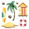 A wooden beach house with a surfboard, a coconut palm, a lifebuoy and a sandy island. Watercolor illustration. A set of