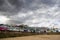 Wooden beach huts on the stormy coastline. Walton on the Naze  Essex  United Kingdom