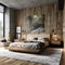 Wooden bed against of reclaimed barn wood paneling wall. Loft interior design of modern bedroom. Created with generative AI