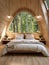 Wooden bed in chalet in eco hotel. Interior design of modern bedroom with white arched ceiling and ellipse window