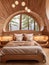 Wooden bed in chalet in eco hotel. Interior design of modern bedroom with white arched ceiling and ellipse window