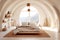 Wooden bed in chalet in eco hotel. Interior design of modern bedroom with white arched ceiling and ellipse window. Created with