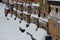 Wooden beehives in a snow shower. Snow falls on wooden beehives of domestic production. hidden bees, however, know nothing. Autumn