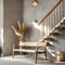 Wooden bench against grey wall and staircase. Scandinavian, rustic farmhouse interior design of modern entryway