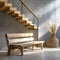 Wooden bench against grey wall and staircase. Scandinavian, rustic farmhouse interior design of modern entryway