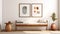 Wooden bench and art poster on white wall. Interior design of mid-century living room