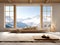 Wooden bench with beige pillows and blanket near panoramic grid window with stunning winter snow mountains view. Japanese style