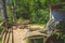 Wooden bench in German Nature Park. Rest area. Lookout in idyllic environment