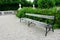 Wooden bench in a green park with shrubs