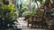 Wooden bench in a lush garden pathway inside a greenhouse. Retreat and natural ambiance concept