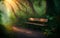 Wooden bench and mystic evening in rainforest with shining light. Generative Al Illustration