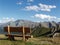 Wooden bench with nice view of mountain peaks. Silvretta Gruppe, Swiss Alps.